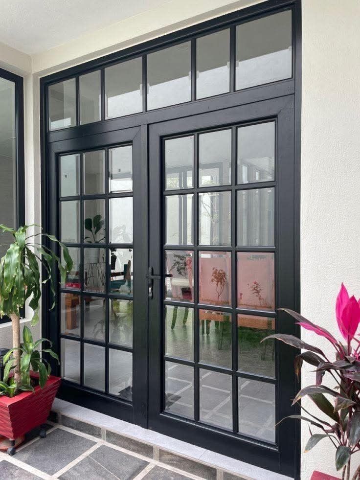 Black Double French Doors with Arched Transom